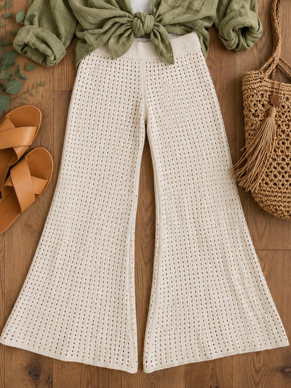 Elan Cream Open-Knit Wide-Leg Pants with Neutral Tone